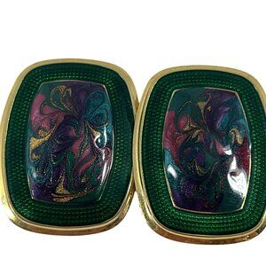 Vintage Earrings Gold Tone Green 80s Swirl Light Weight Large Enamel